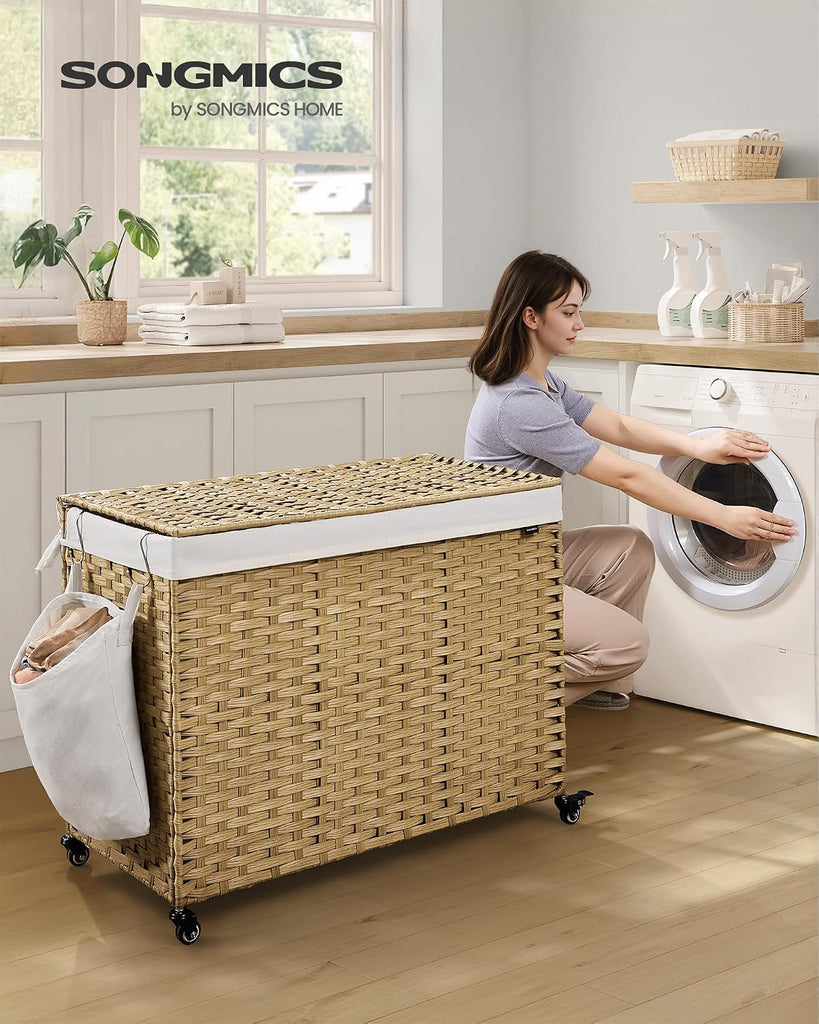 Laundry Hamper with Lid, 55.4 Gallons (210 L), Rolling Laundry Basket with Wheels, 4-Section Synthetic Rattan