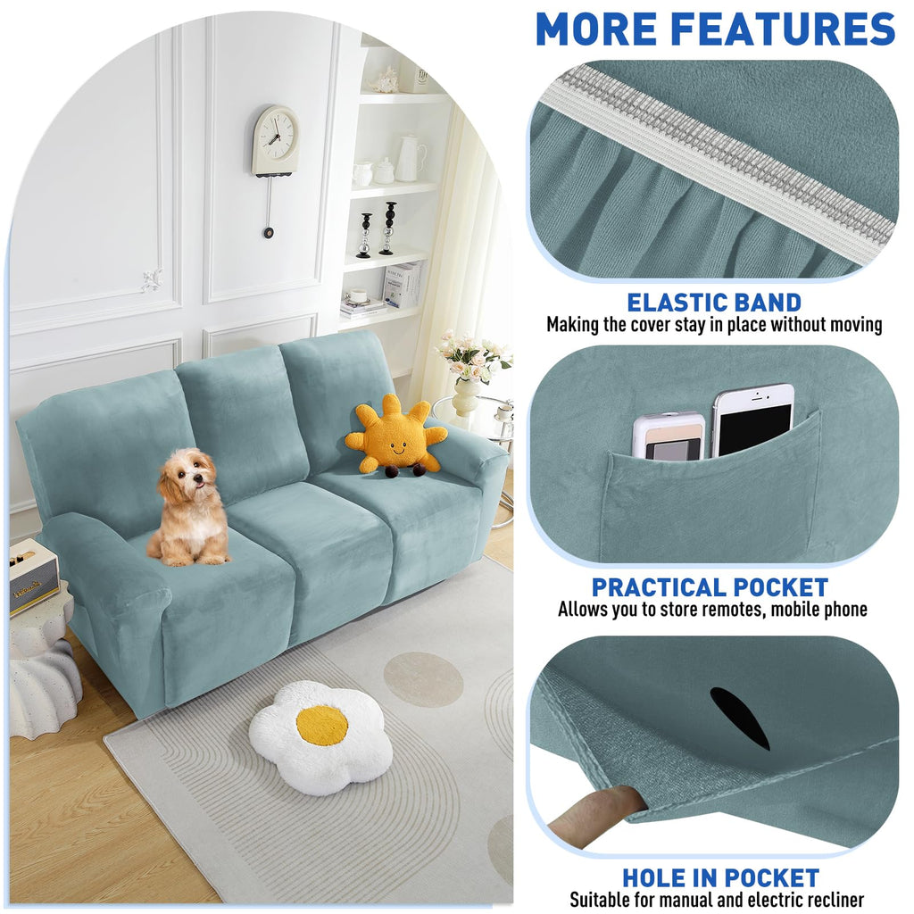 8 Pieces Recliner Sofa Covers, Stretch Velvet Reclining Couch Covers for 3 Cushion Furniture Covers, Thick, Soft