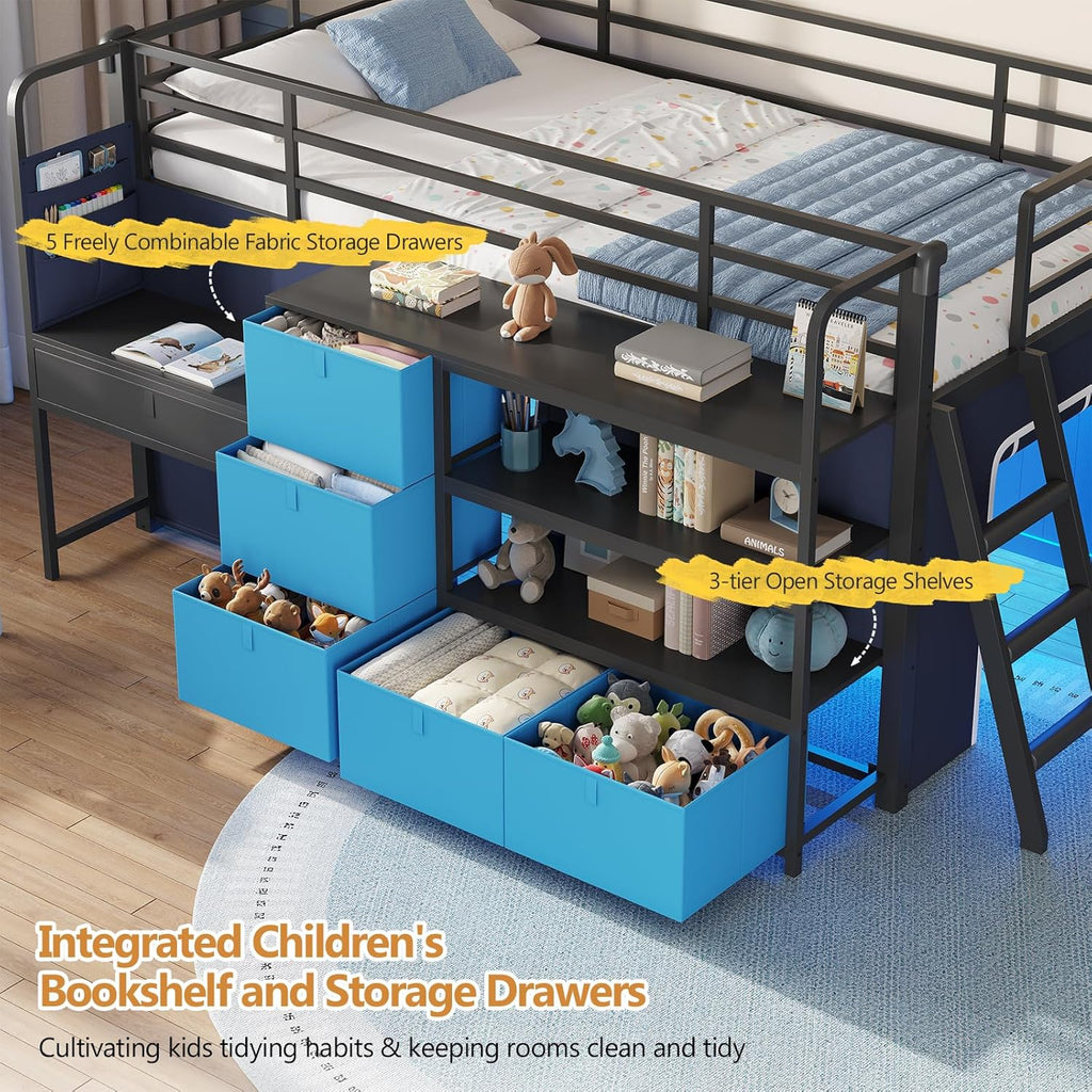 Low Loft Bed with Desk and 6 Storage Drawers Twin Loft Bed with Bookshelf,LED Lights & Under-Bed Play Space,Kids Twin