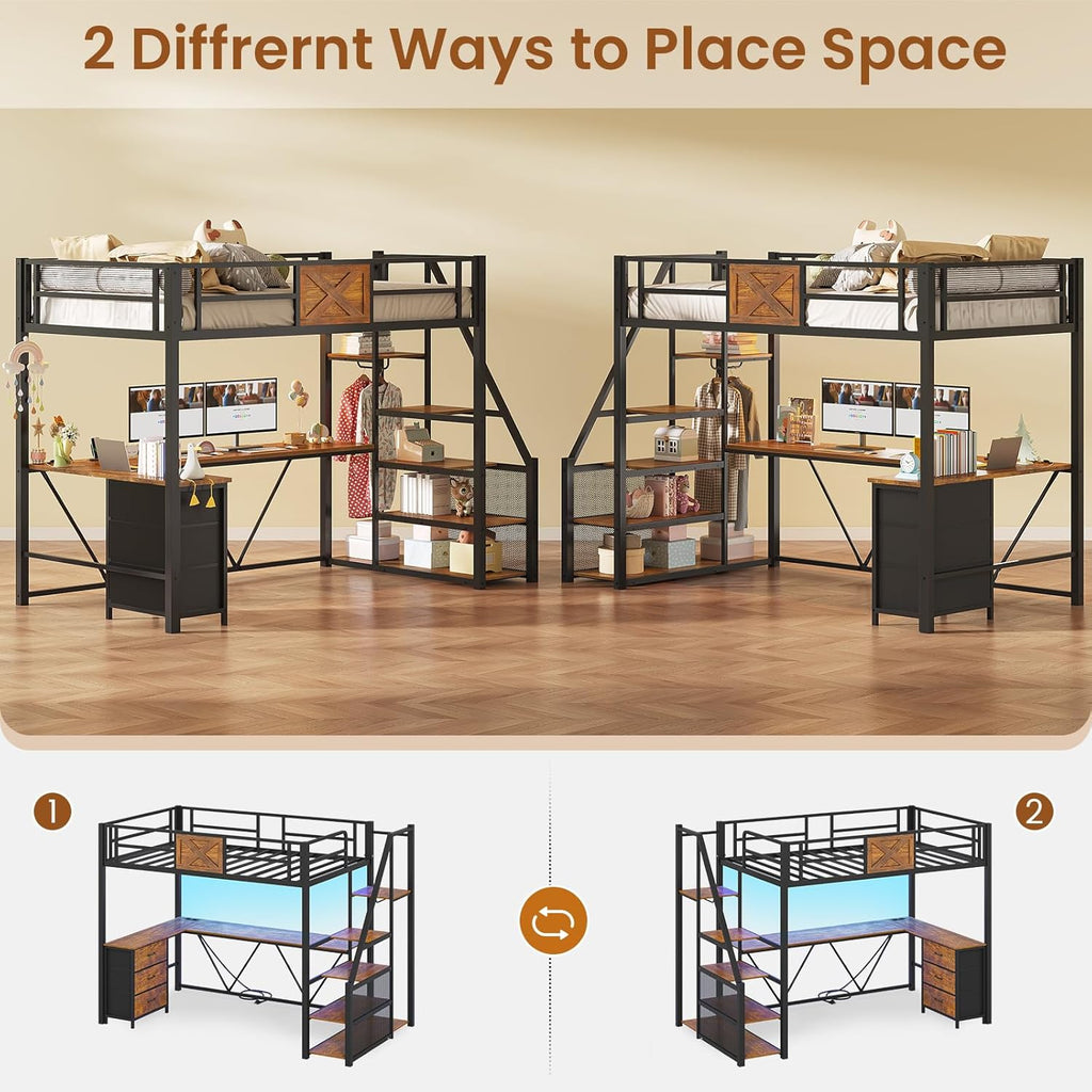 Stairway Twin Loft Bed with L Shaped Desk and Wardrobe, Metal Loft Bed Frame with Storage Stairs, 3 Fabric Drawers