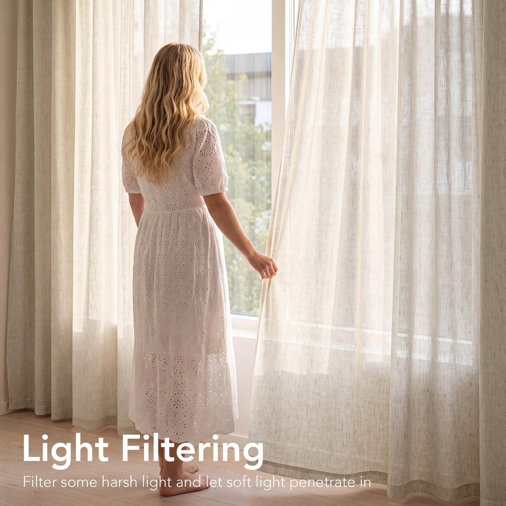 Linen Curtains 96 Inches Long, Begie Neutral Farmhouse Light Filtering Semi Sheer Drapes 8ft, Window Treatment with