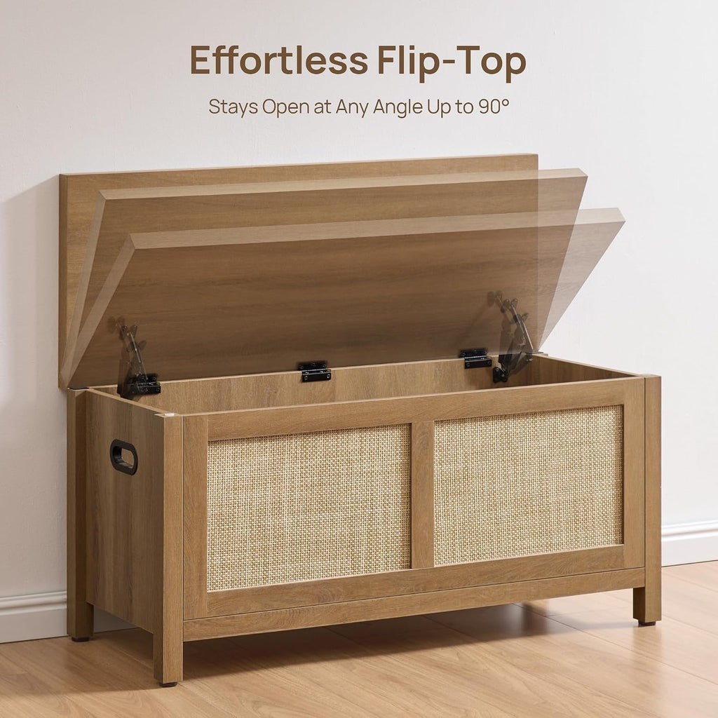 Rattan Storage Chest 39.4" Storage Bench | Boho Storage Truck with 2 Safety Hinges and Flip Top Entryway, Supports