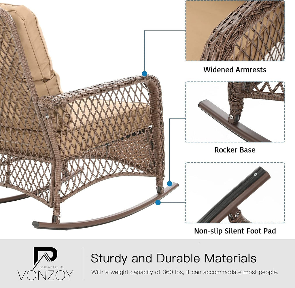 Patio Furniture Set 3 Pieces, Wicker Outdoor Rocking Bistro Set, Khaki | Outdoor Rocker Chairs with 4" Thick Cushions