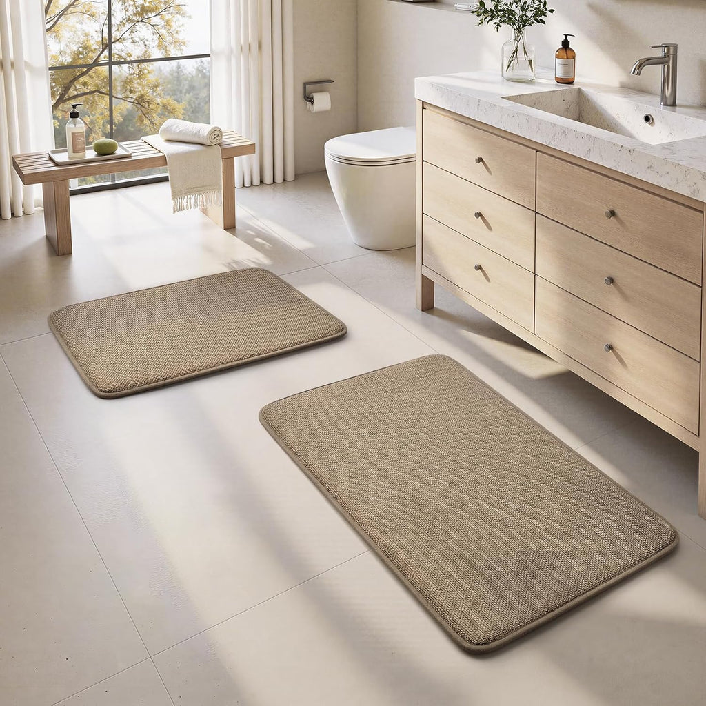 Memory Foam Bathroom Rugs Set 2 Piece, Ultra Absorbent Quick Dry Bath Mats, Linen-Like Boho Bathroom Rug Set for Bath