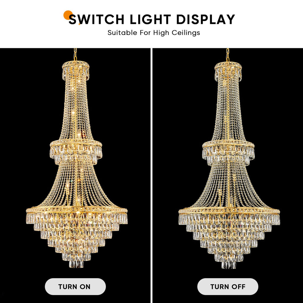 Large Gold Crystal Chandeliers for High Ceilings 26 Lights Modern Chandelier Luxury Chandeliers Light Fixture Foyer Staircase Hallway Entryway Banquet Hall Lobby 63" H x 30.7" D - French Empire