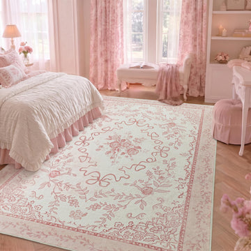 Pink Vintage Floral Area Rug, Washable Cute Bow Cottage Core French Country Rose Shabby Chic Rug Aesthetic