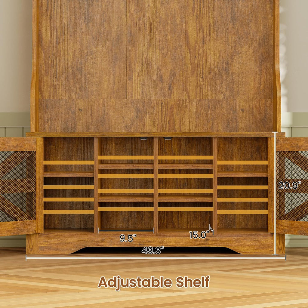 Hall Tree with Bench and Shoe Storage, 5-in-1 Entryway Bench with Coat Rack, 10 Shoe Cubbies & 9 Coat Hooks, Barn