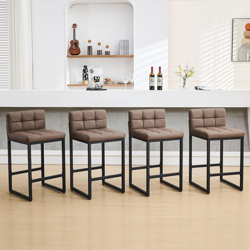 Counter Height Bar Stools Set of 4, Upholstered Barstools with Back, Bar Chairs with Thickened Metal Legs, PU Leather