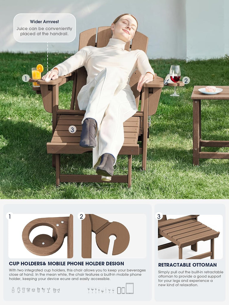 Folding Adjustable Adirondack Chair with Ottoman & 2 Cup Holders Set of 2, HDPE Adirondack Recliner Chair with