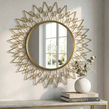 36" Large Champagne Gold Sunburst Round Wall Mirror, Geometric Metal Frame