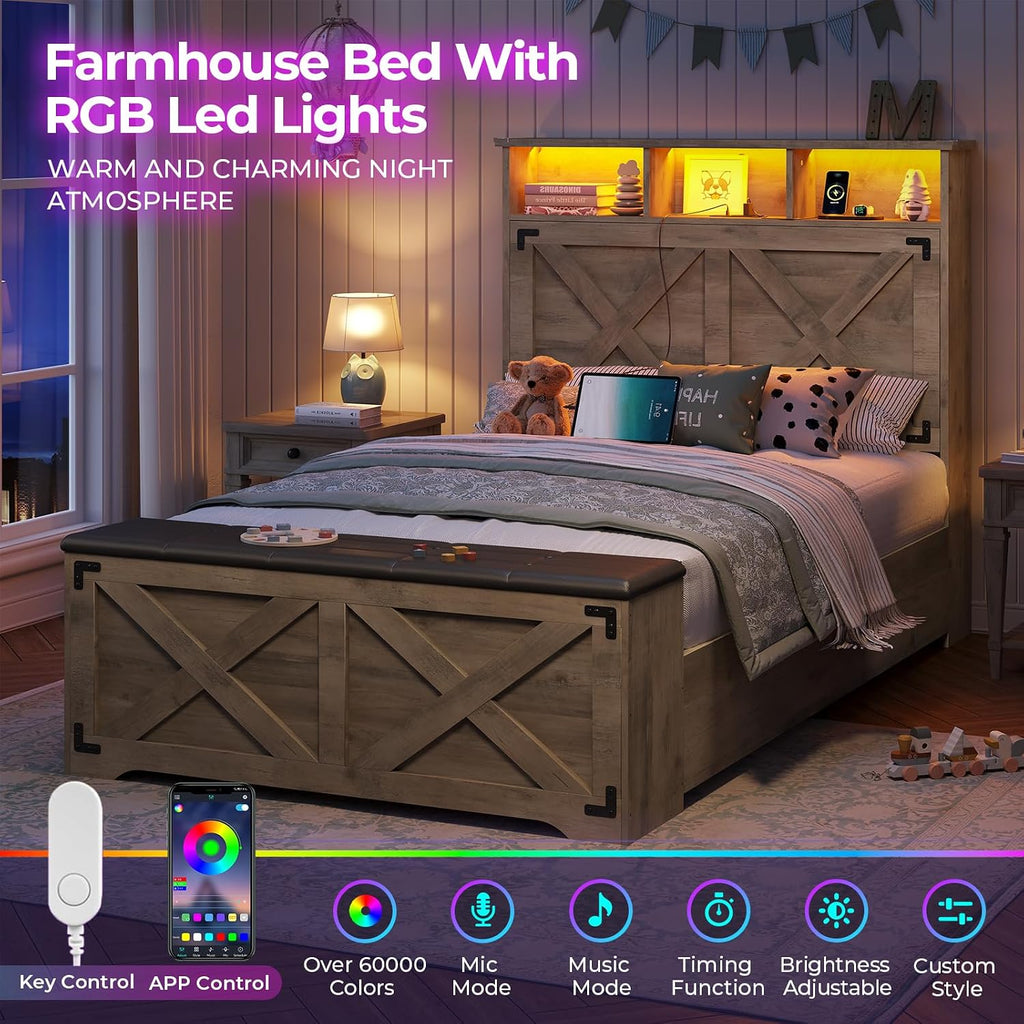 Farmhouse Twin Bed Frame with Storage Headboard and Charging Station Wood Platform Bed Frame Twin Size with Storage