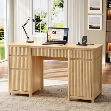 55" Fluted Executive Desk with Drawers & Charging Station, Large Wood Computer Desk with File Drawer and Storage