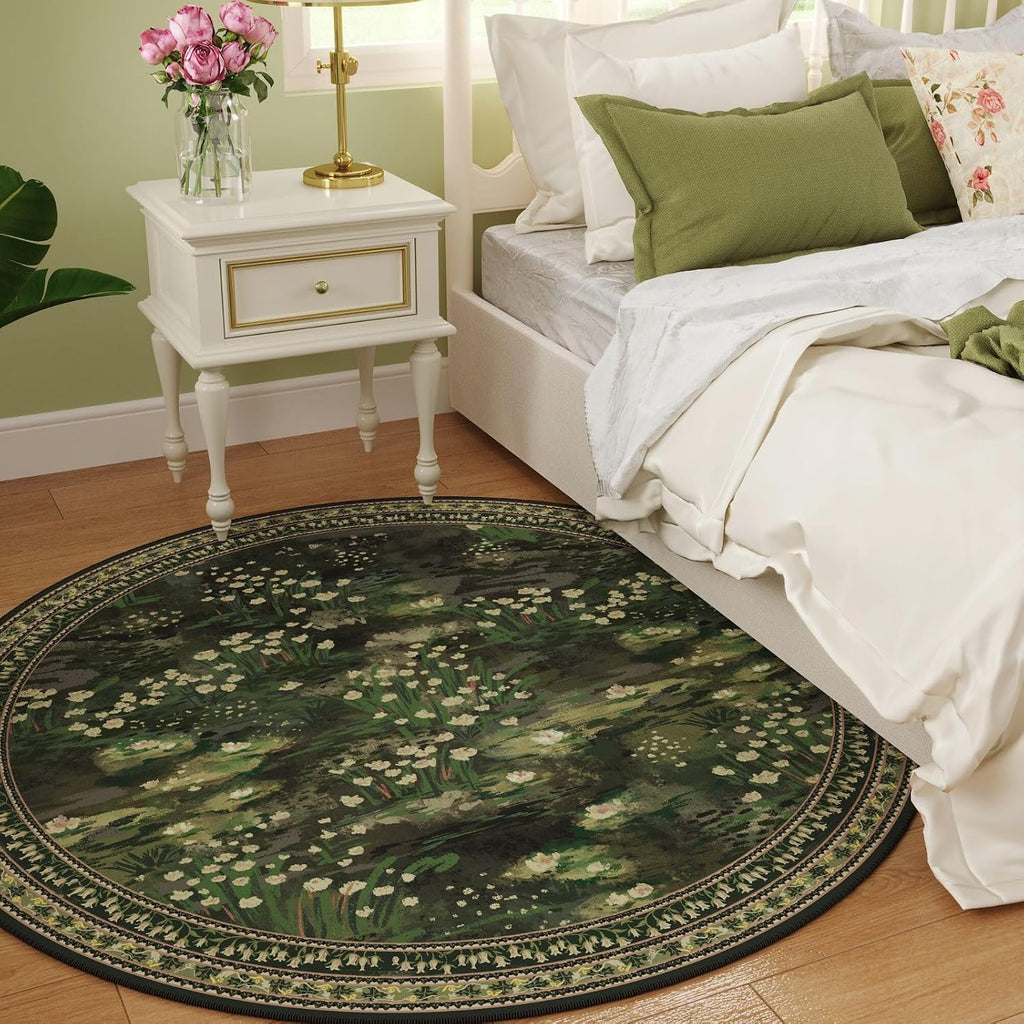 Round Area Rug 8ft Washable Vintage Impressionist-Style, Green