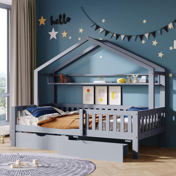 Twin Size House Bed with Storage Drawers and Shelf,Kids Wooden Bed Frame Twin Platform Bed with Slats and Fence for