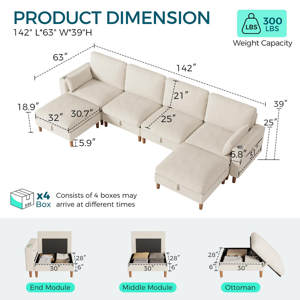 Cloud Couch 4-Seat Modular Sectional Sofa with Storage, Corduroy Deep Seat Cloud Sofa with Side Pocket & Cup Holder &