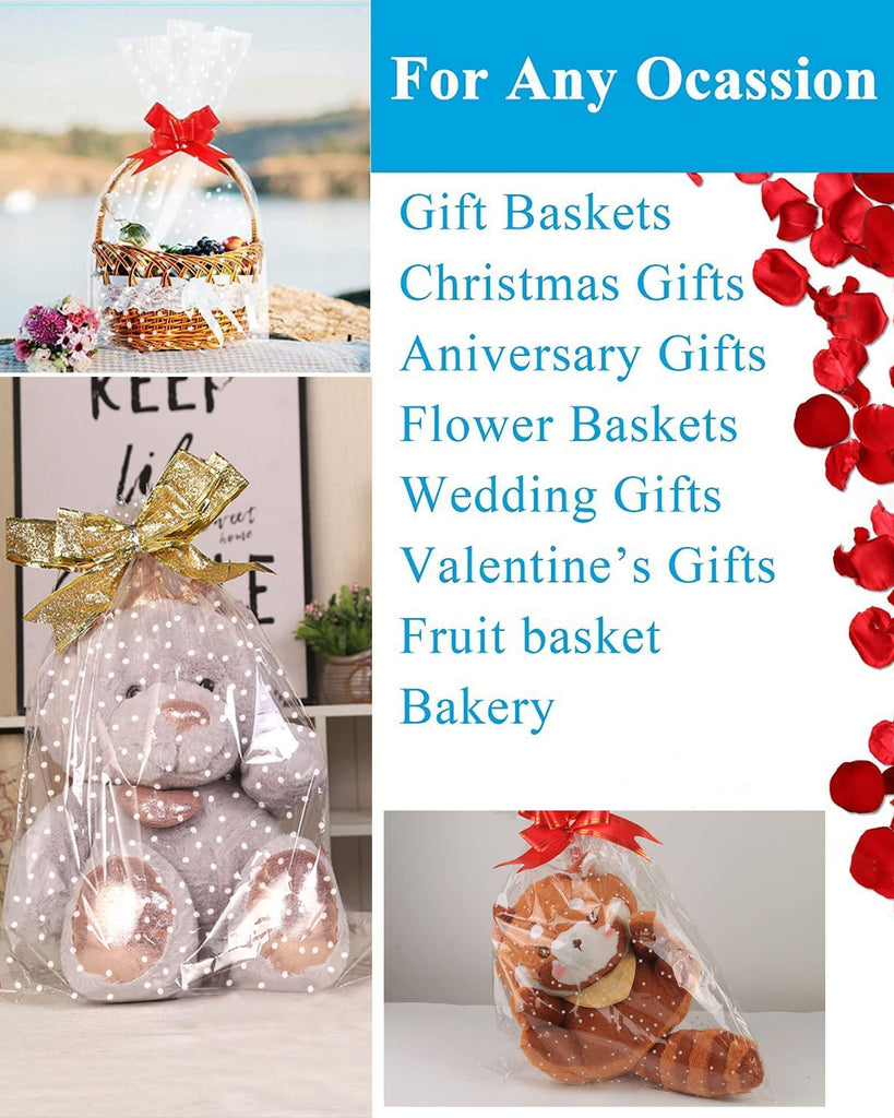 White Dot Cellophane Bags 50PCS, 18x30 Inch Gift Basket Wrap
