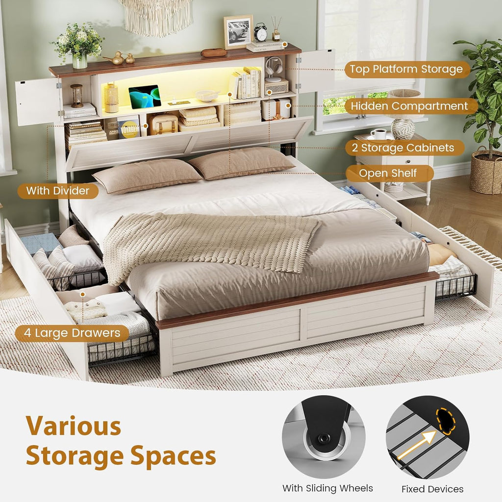 Farmhouse Queen Bed Frame with Bookcase and Storage Cabinets Headboard, Wood Platform Bed with LED Lights, Charging