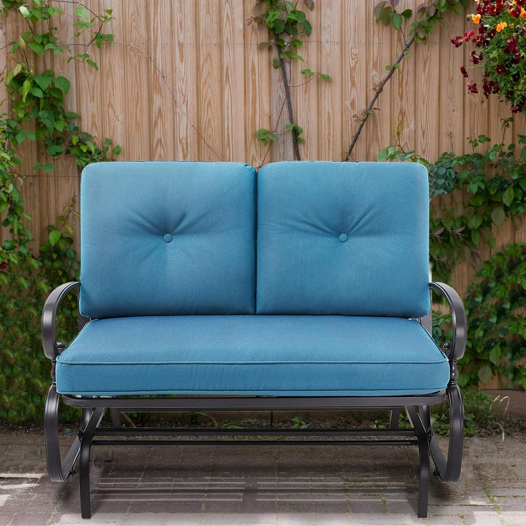 Patio Bench, Porch Glider Outdoor Swing Glider Rocking Loveseat, Steel Frame Chair with Thick Cushion (Peacock Blue)