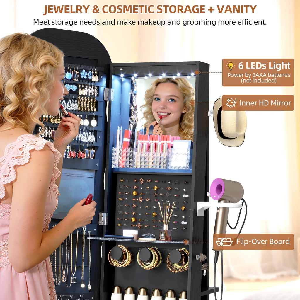 LED Mirror Jewelry Cabinet Standing, 360° Swivel, Black