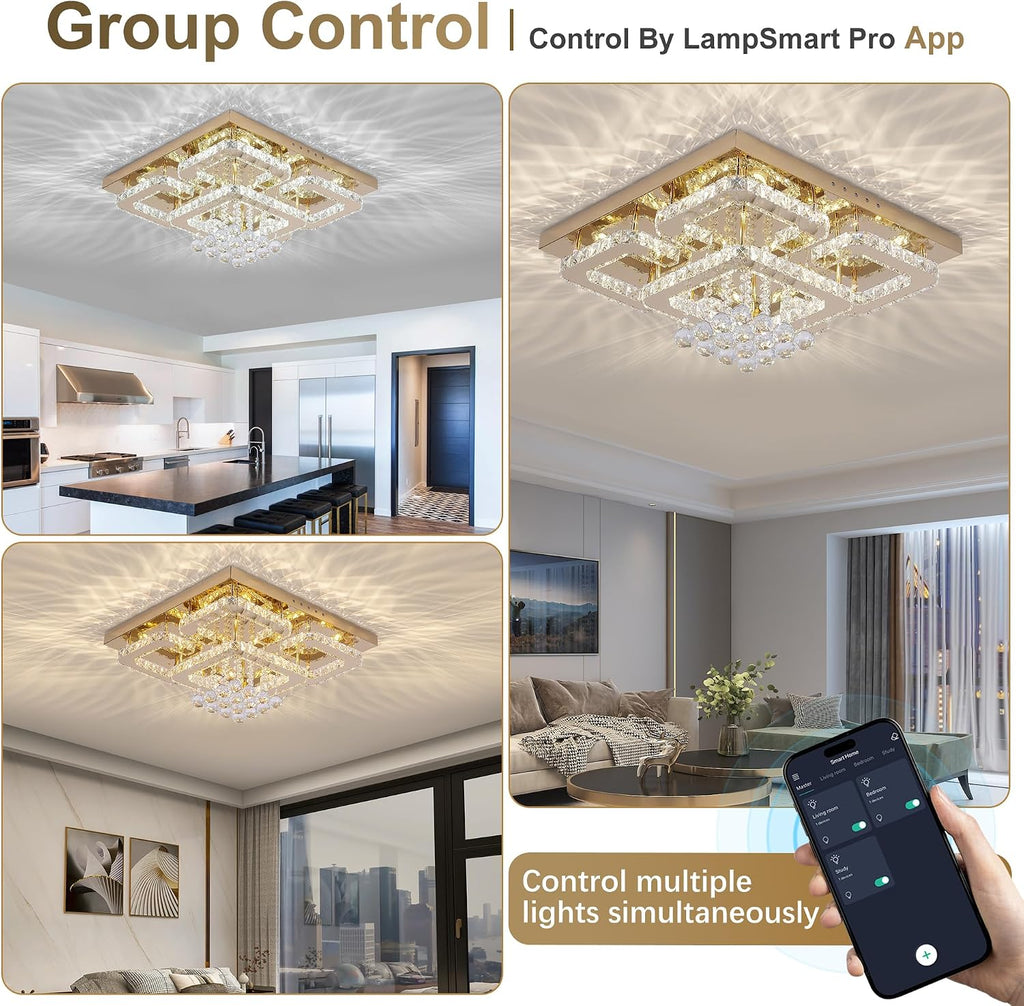 24 inch Flush Mount Chandelier Crystal Ceiling Light with Remote Control/APP, 3CCT Dimmable&Brightness Adjustable