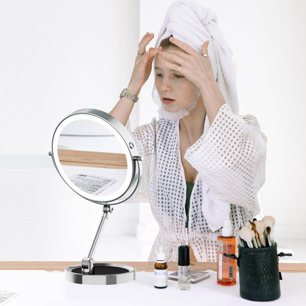 Tabletop Makeup Mirror with Built-in Vanity Tray, 9" Rechargeable 4000mAh Lighted Vanity Mirror 1X/10X Magnification