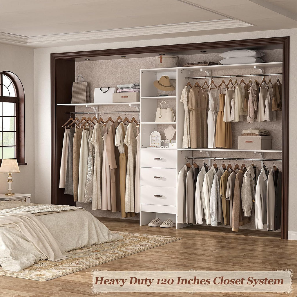 120 Inches Closet System, 10FT Walk In Closet Organizer with 3 Shelving Towers, Heavy Duty Clothes Rack with 3