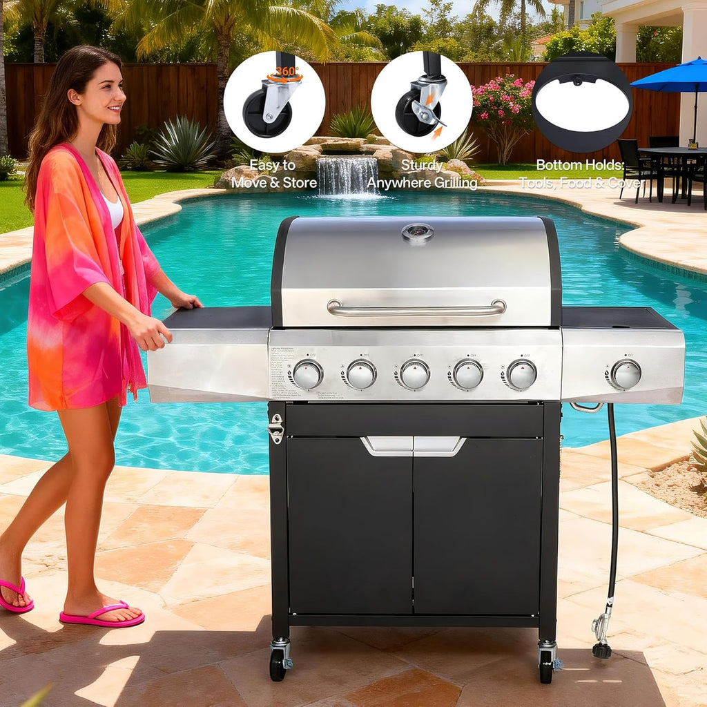 5-Burner Propane Gas Grill, 58,500 BTU Stainless Steel BBQ Grill with Side Burner, Porcelain Grates & Wheels for Patio and Backyard