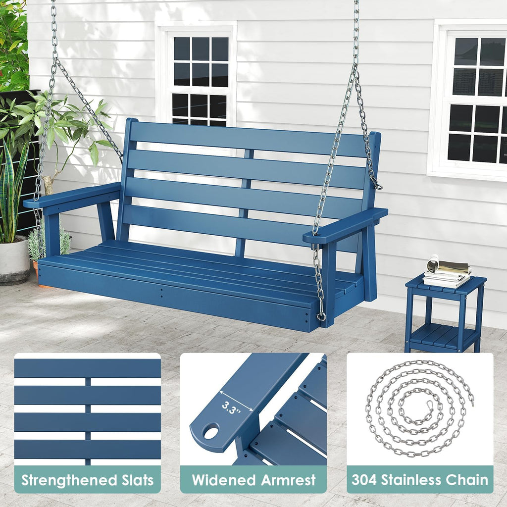 Outdoor Porch Swing | HDPE Plastic | 2-Person | Hanging Bench Swings | Weatherproof | 4 Stainless Steel Chains | Blue