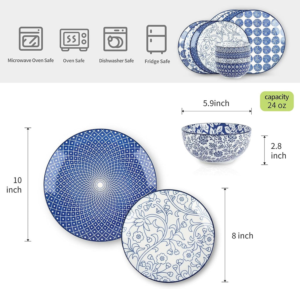 Ceramic Dinnerware Sets, 12-Pieces Plates and Bowls Sets, Scratch Resistant Dishes set for 4