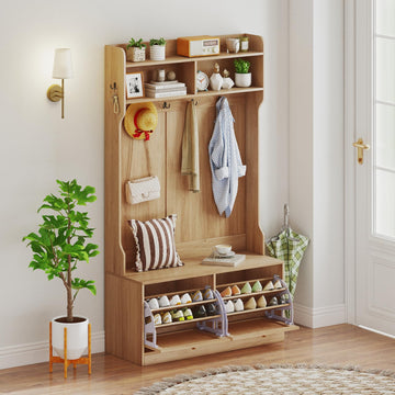 4-In-1 Hall Tree with Bench and Shoe Storage, Entryway Bench with Coat Rack & Flip Shoe Racks, Dual-Hook Hangers & PE