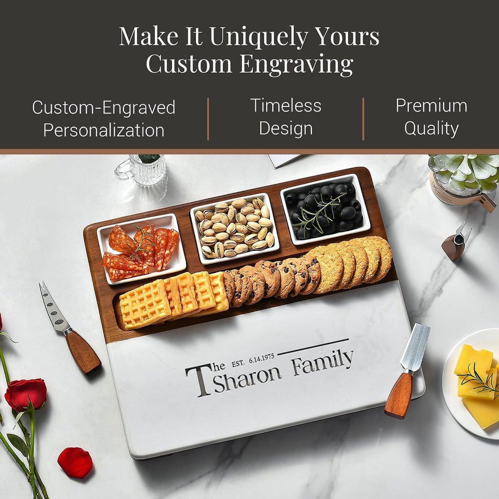 Wood Marble Cheese Board Set - Acacia & Marble Charcuterie Board with 3 Removable Ceramic Bowls & Stainless Steel