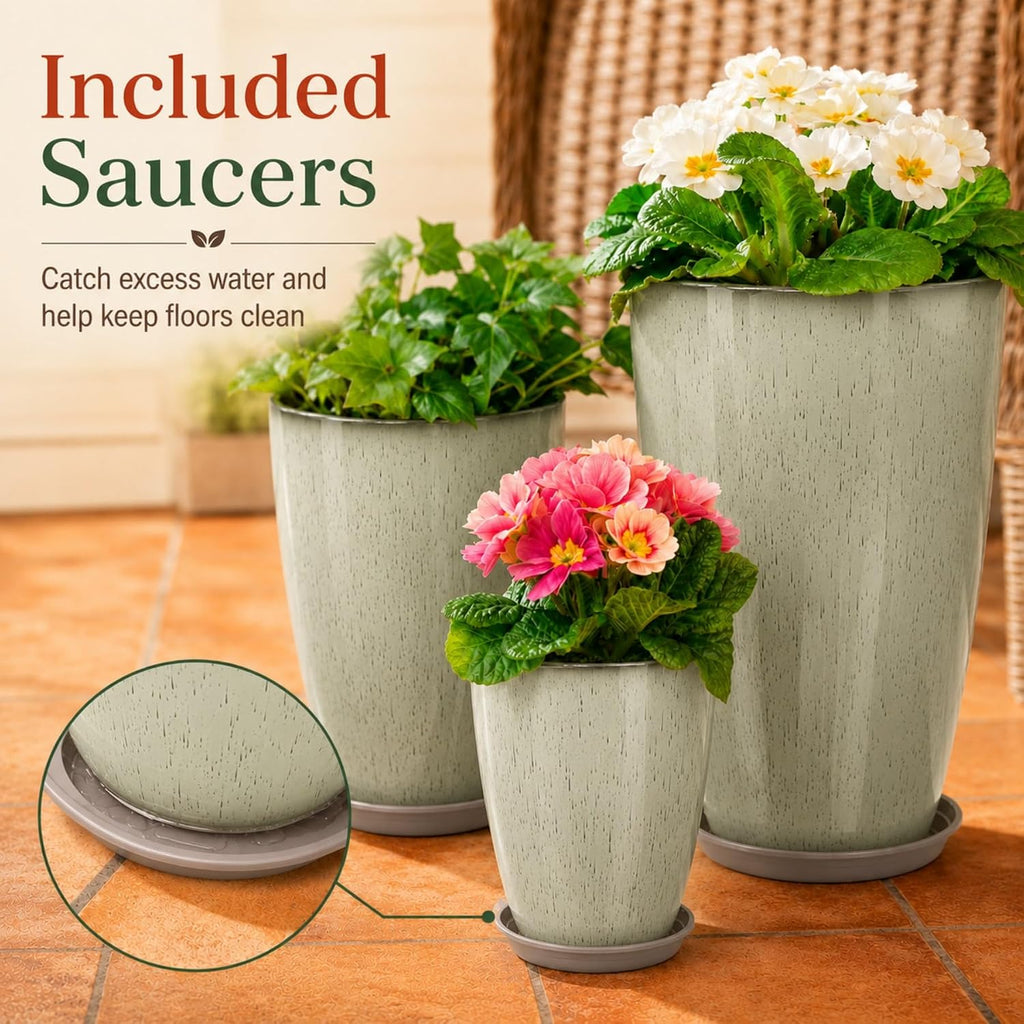 Set of 3 Tall Planter, 24/21/12in Large Planter, DripGlaze | Ceramic-Look, Lightweight, Built-in Drain Hole, Saucers