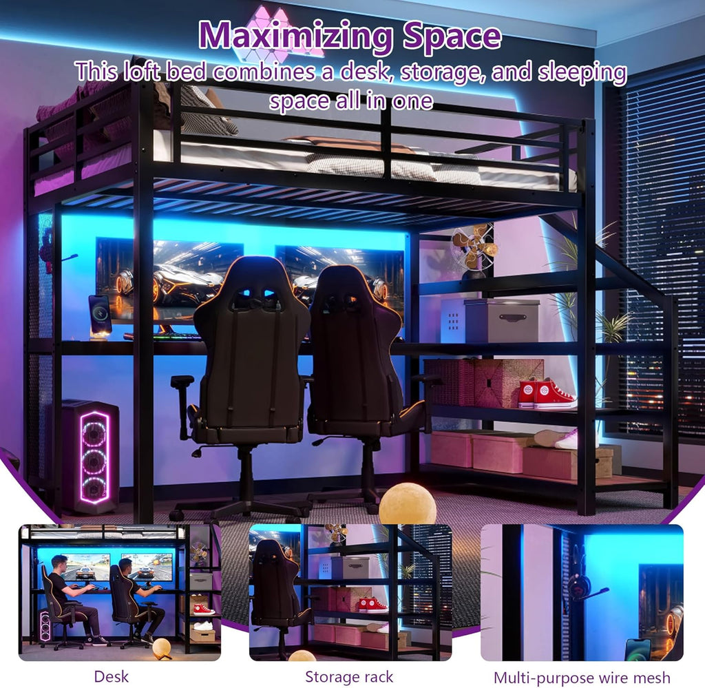 Full Loft Bed with Desk & Storage Stairs, Metal Full Loft Bed Frame with Iron Nets, LED Lights & USB Ports