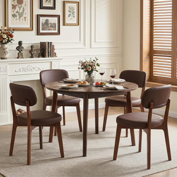 Oak Wooden Dining Chairs Set of 4, Mid-Century Modern Leather Upholstered Kitchen Chair with Solid Wood, Farmhouse