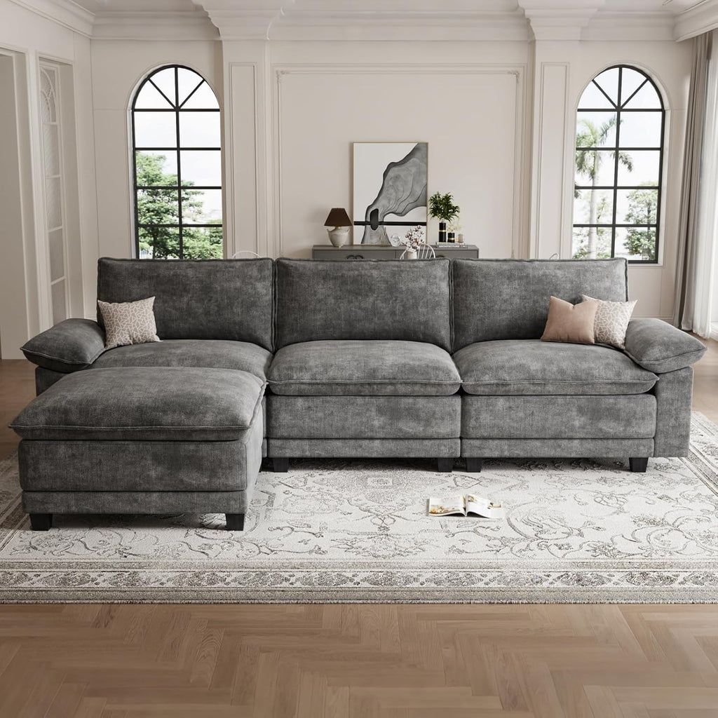 Modern L Shaped Sofa Couches , Modular Sectional Cloud Couch with Movable Ottoman, Comfy Chenille Sofa , Dark Gray