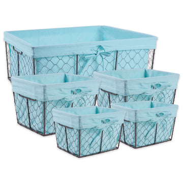Farmhouse Chicken Wire Storage Baskets with Liner, Set of 5, Rustic Aqua, Assorted Sizes