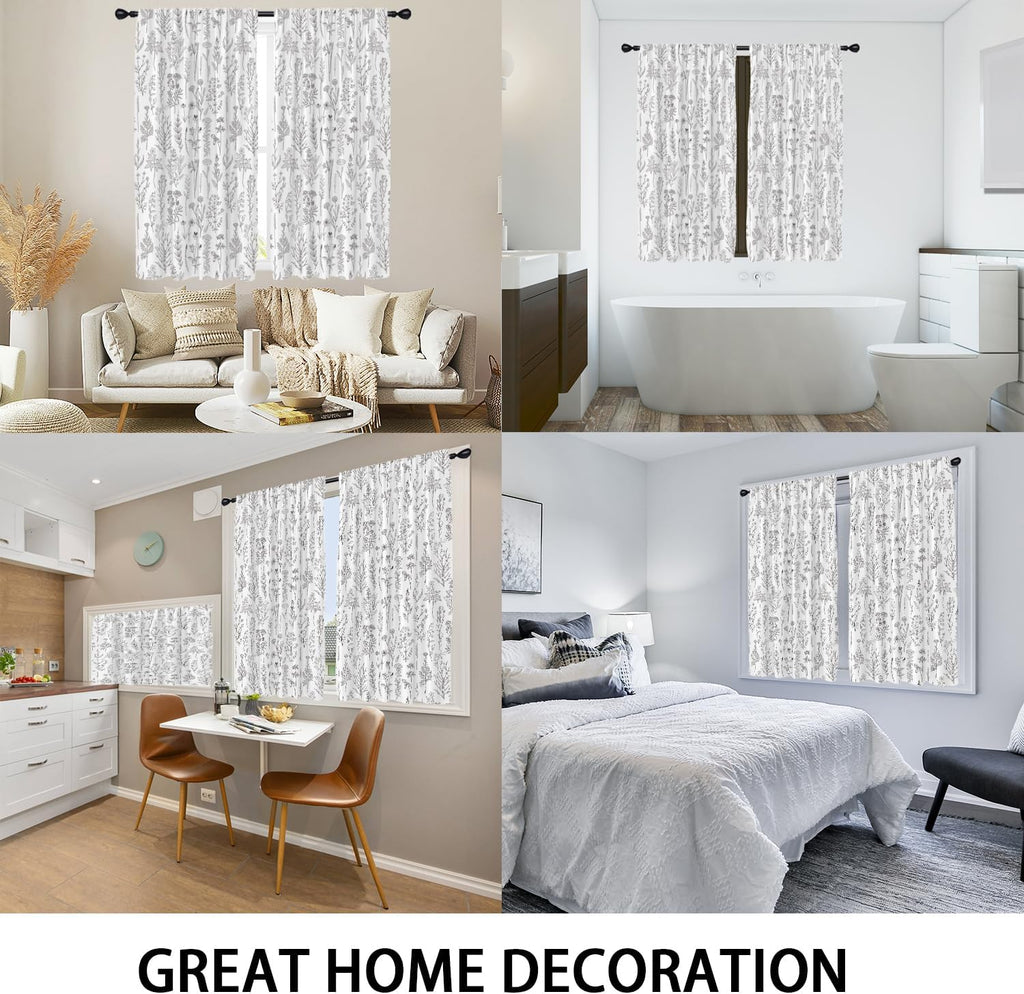 Vintage Floral Kitchen Window Curtains Small Short Mini Cafe Rod Pocket Retro Flower Black Grey and White Living Bedroom Room Home Treatment Set of 2 Curtain Panels Drapes Tiers
