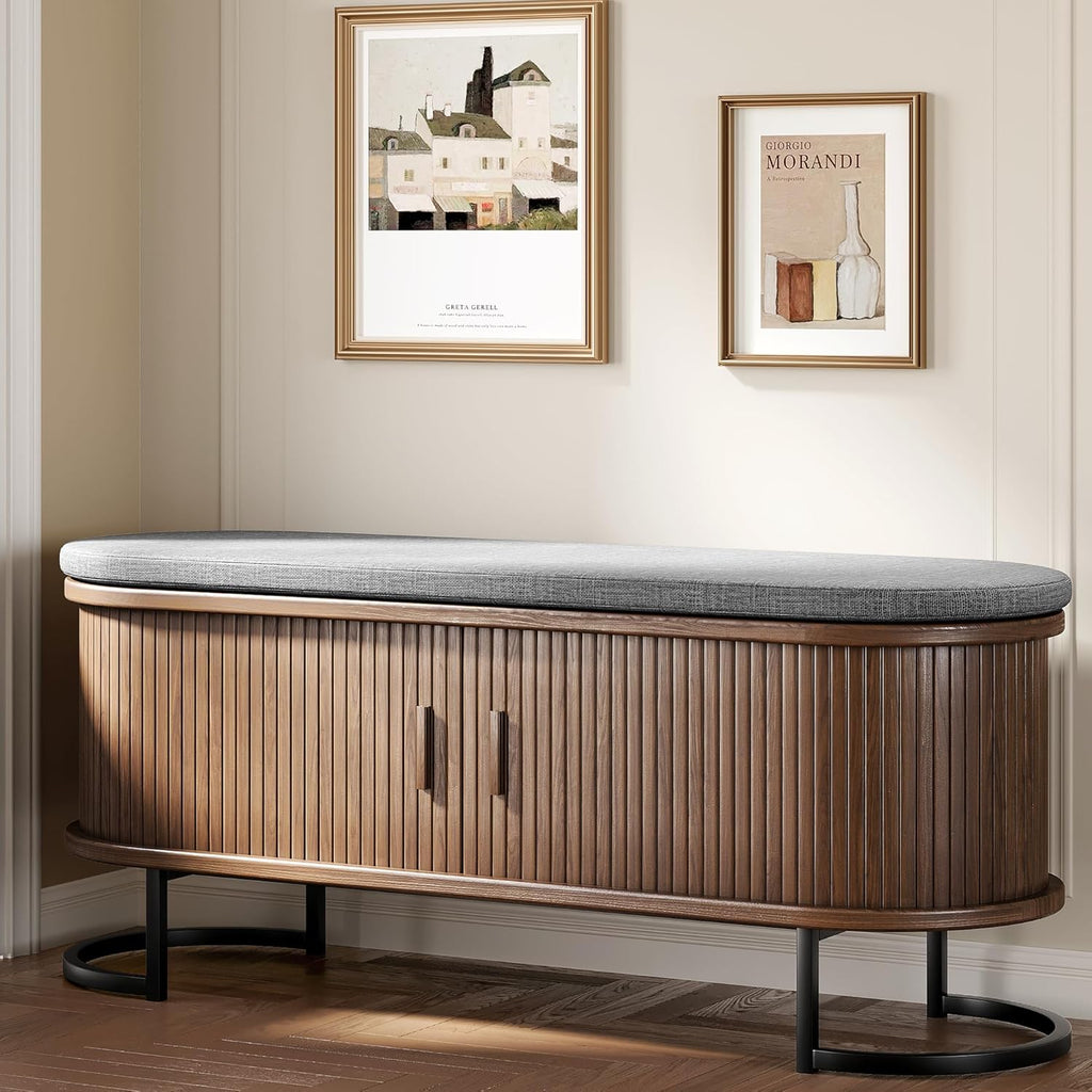 Shoe Storage Bench with Cushion and Sliding Doors, 47.2 Inch Shoe Bench with Storage, Freestanding Entryway Bench