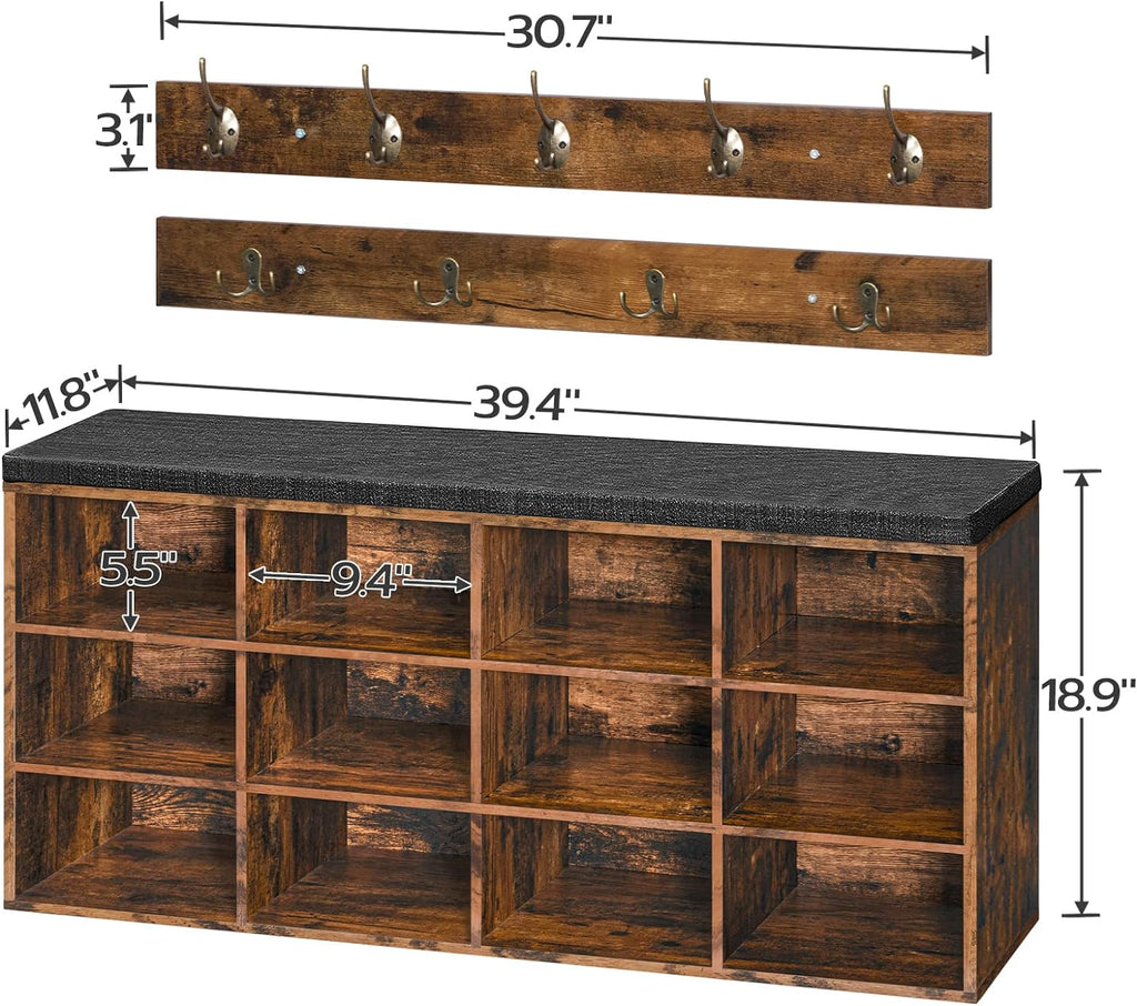 Shoe Storage Bench with Cushion, 39.4" L Entryway Bench with 12 Cubbies, Entryway Hall Tree with Storage, Shoe