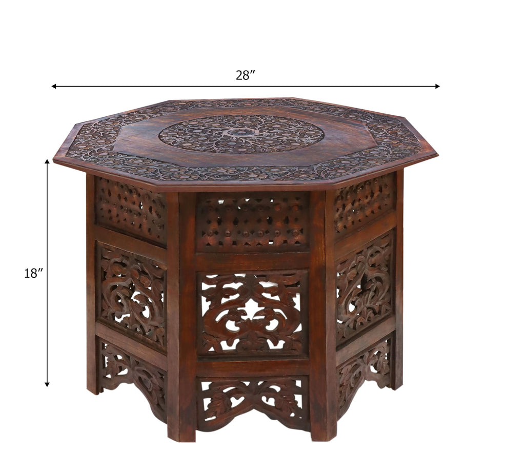 Solid Wood Coffee Table - Hand Carved Folding Octagon Table