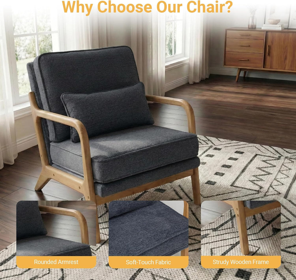 Modern Accent Chair Mid Century Wooden Upholstered Armchair with Lumbar Pillow & Removable Soft Cushion, Reading