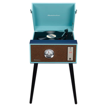 Floor Stand Turntable, Bluetooth Receiver, CD Player, FM Radio, Wood Cabinet, 3W RMS Speakers x 2, (Teal)