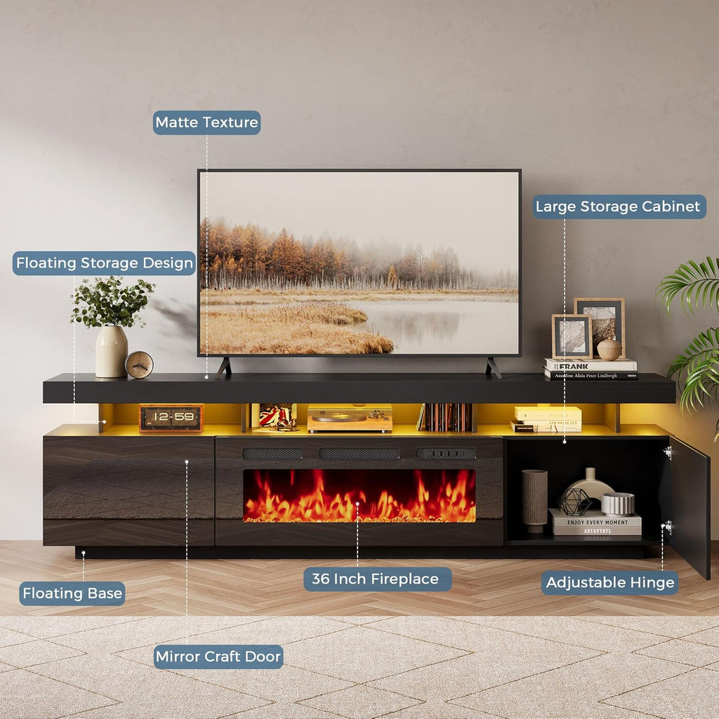 70" Floating Fireplace TV Stand with 36" Crystal Electric Fireplace, LED Entertainment Center for TVs up to 80"