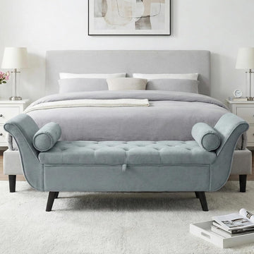 Velvet Storage Bench End of Bed Ottoman, Button-Tufted Upholstered Bed Benches s King with Rolled Arms and 4 Sturdy
