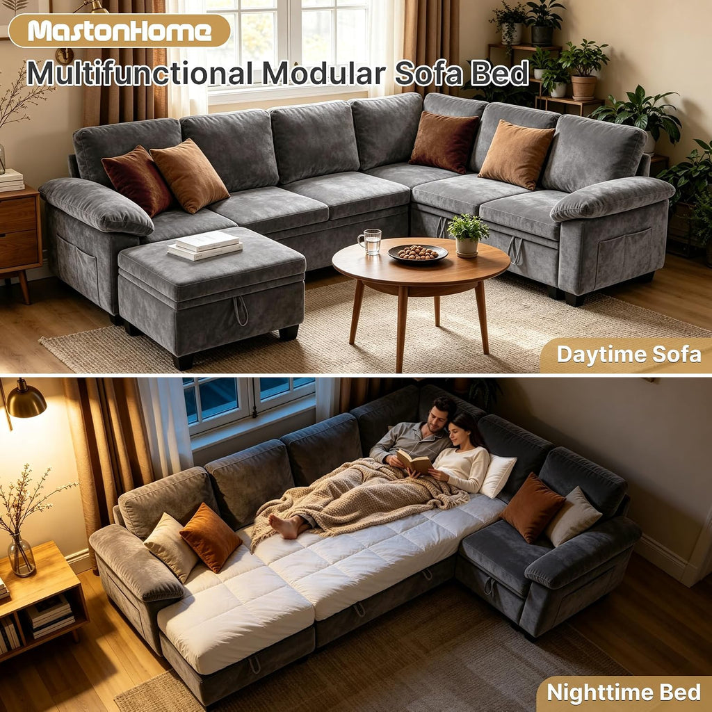 109" Modular Sectional Sleeper Couch,U Shaped 7 Seat Sofa Bed with Pull Out Bed, Cloud Couch with Pillow Armrest &