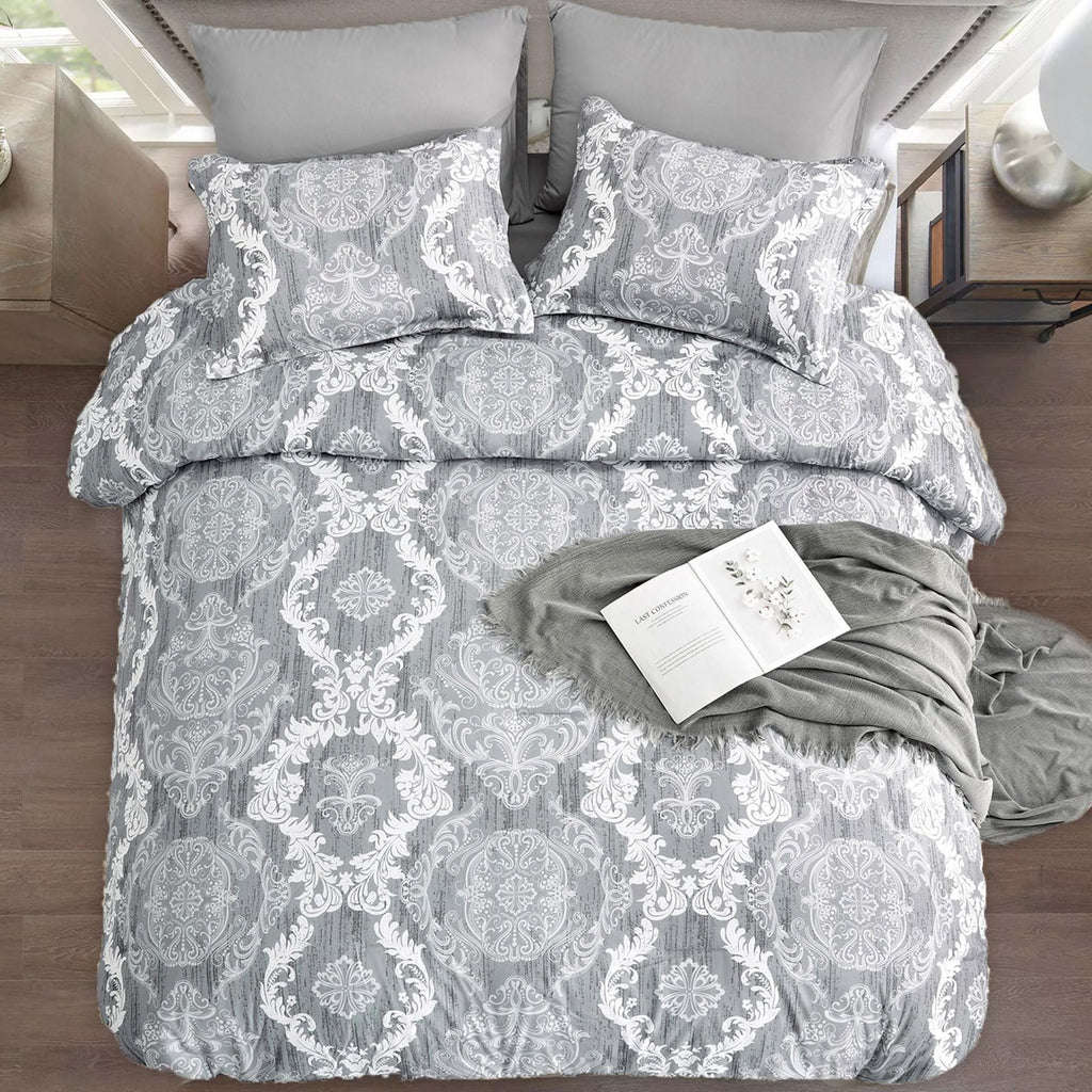 Grey Comforter Set Queen Size, Damask Texture 7 Pieces Gray Bed in a Bag Microfiber Boho Comforter Bedding Sheet Set