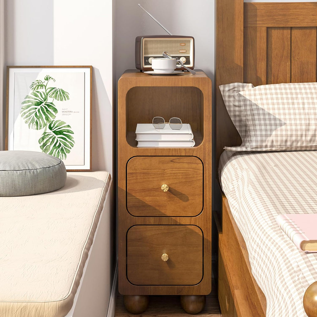 Narrow Nightstand, Small Tall Beside Table with 2 Drawers and Open Shelf, Walnut Solid Wood Night Stand, Mid Century