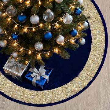 Blue Velvet Christmas Tree Skirt, Gold Glitter Trim Xmas Tree Decor