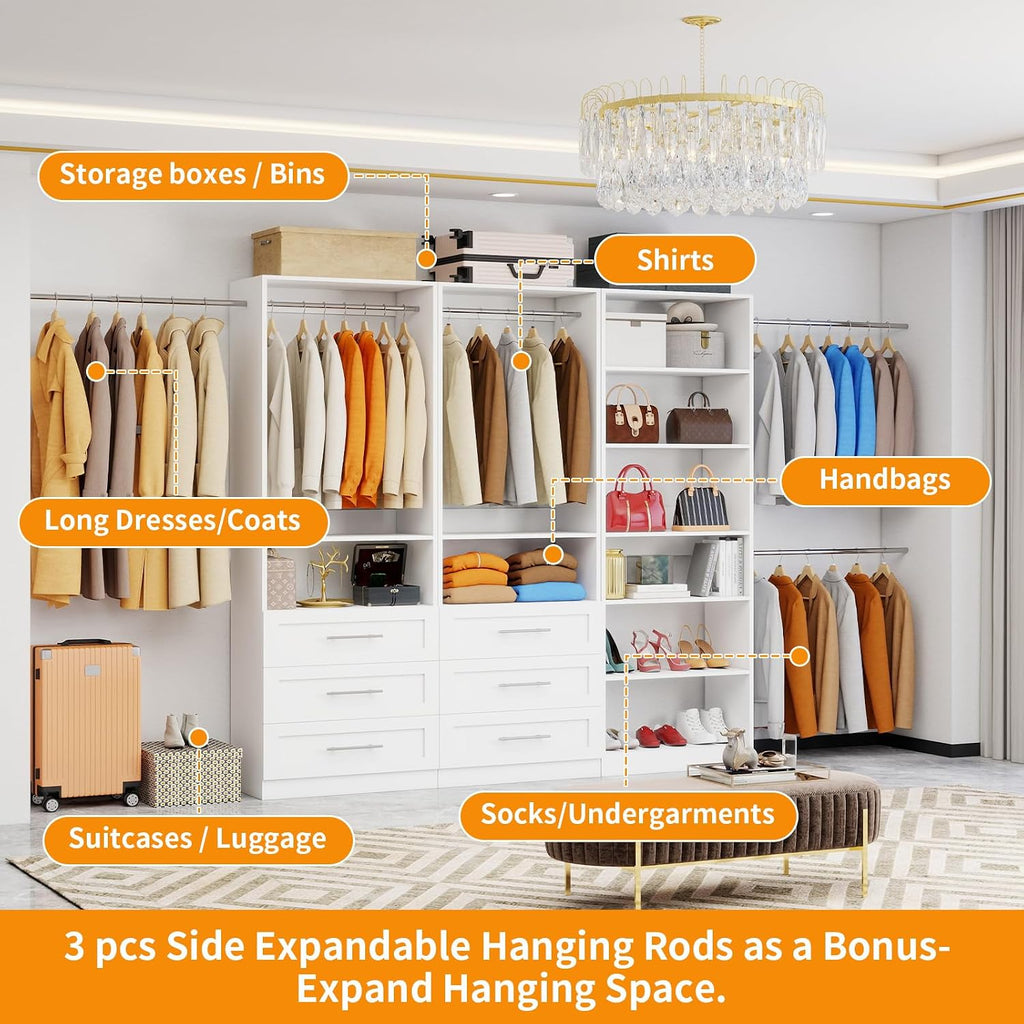 Closet System with 3 Sets, 6FT-15FT Closet Organizer Systems with 6 Wooden Drawers 8 Shelves & 4 Hanging Rods, Walk