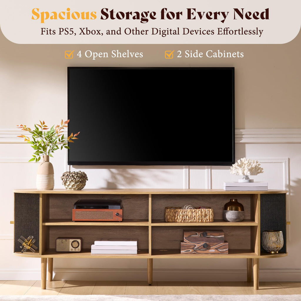 70" Mid-Century Modern Fluted TV Stand with Storage, Natural Oak